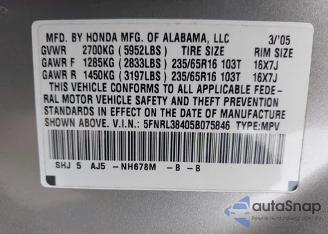 2005 Honda Odyssey Ex z USA, uszkodzony, nr VIN 5FNRL38405B075846